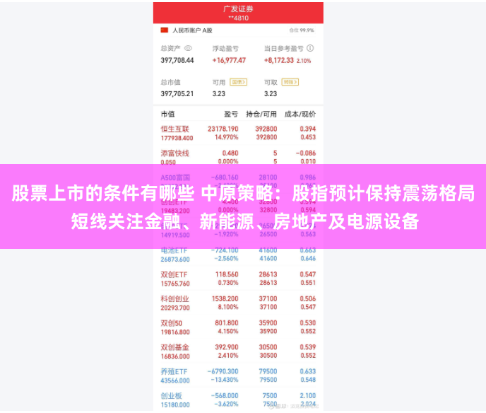 股票上市的条件有哪些 中原策略：股指预计保持震荡格局 短线关注金融、新能源、房地产及电源设备